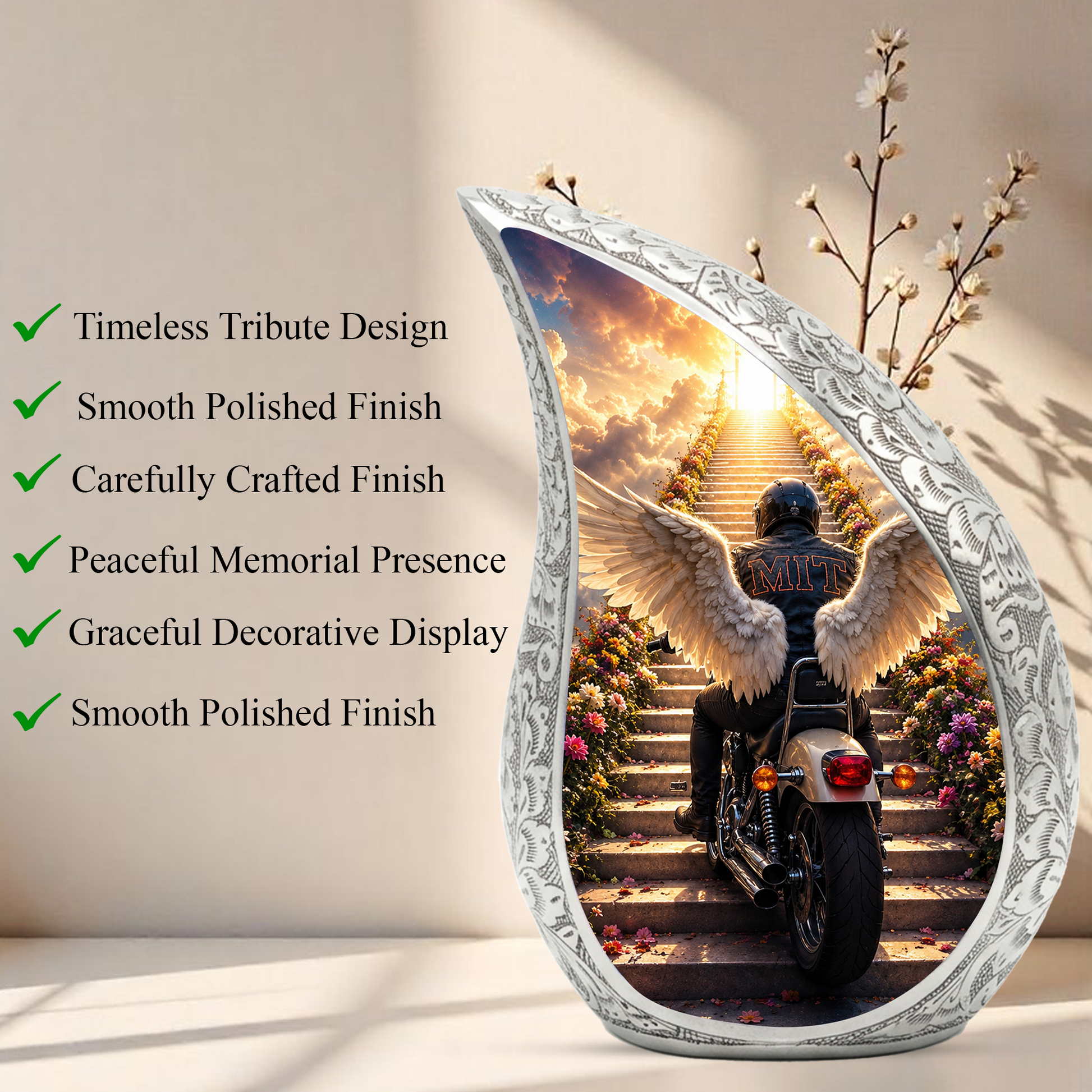 Motorcycle Angel Wings Urn for Dad Ashes | Motorcycle Cremation Urn for Men, Adult Male Memorial Urn for Father,