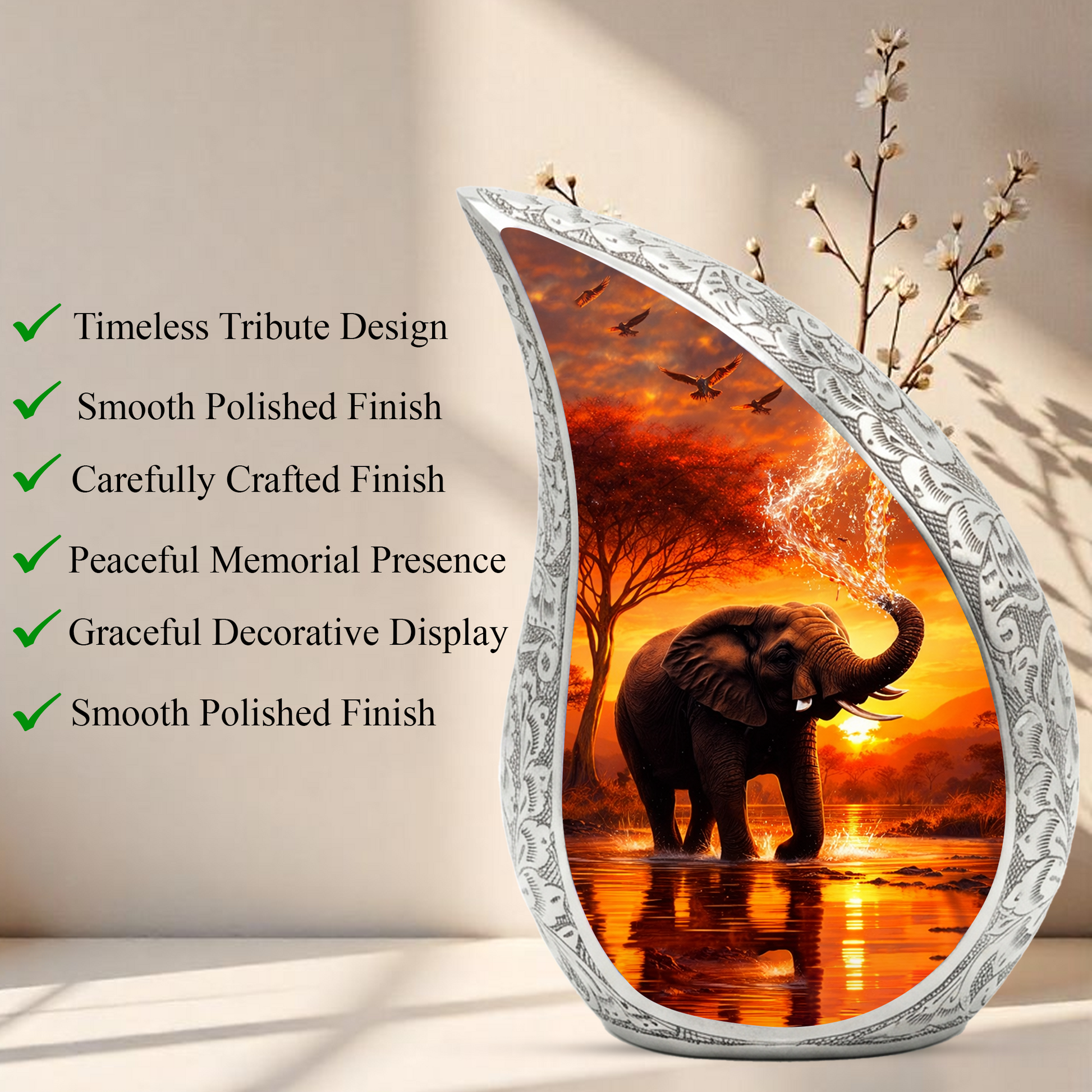 Elephant Sunset Adult Urn for Human Ashes – Premium Elephant Cremation Urn