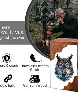 Owl Wooden Cremation Urn – Moonlit Owl Memorial Urn with Ocean Ship Artwork
