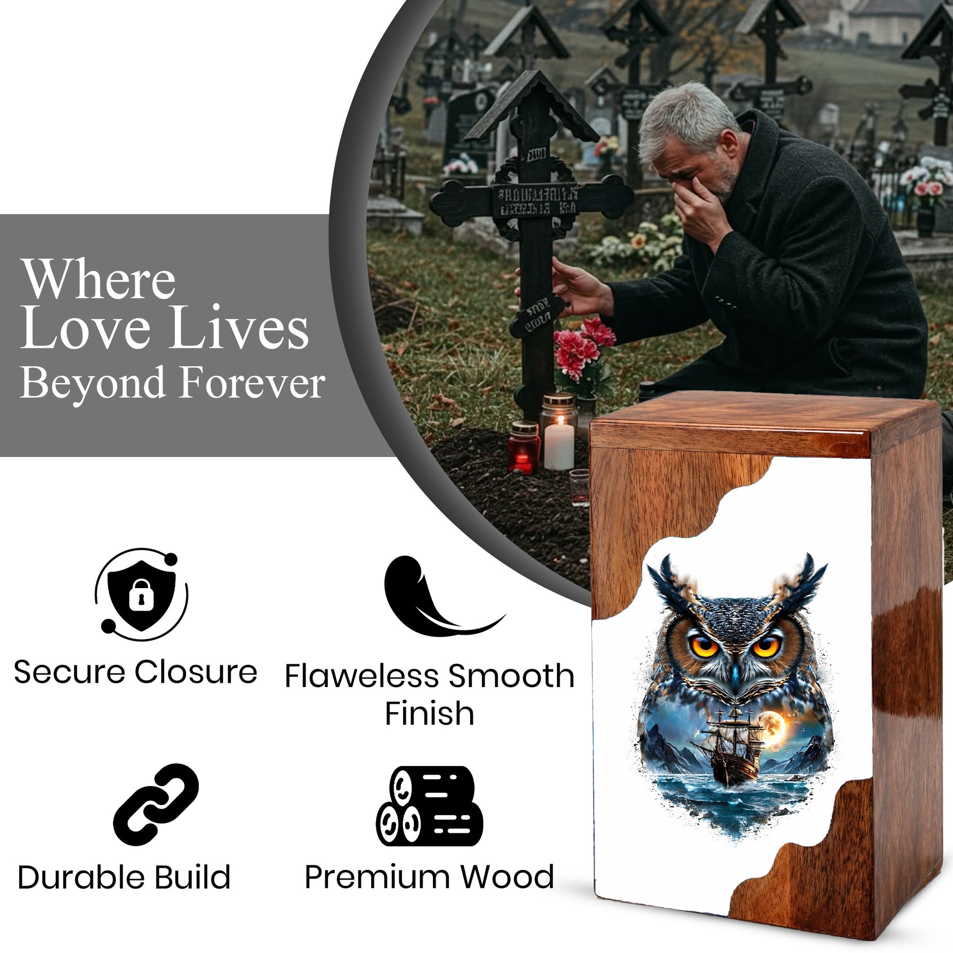 Owl Wooden Cremation Urn – Moonlit Owl Memorial Urn with Ocean Ship Artwork