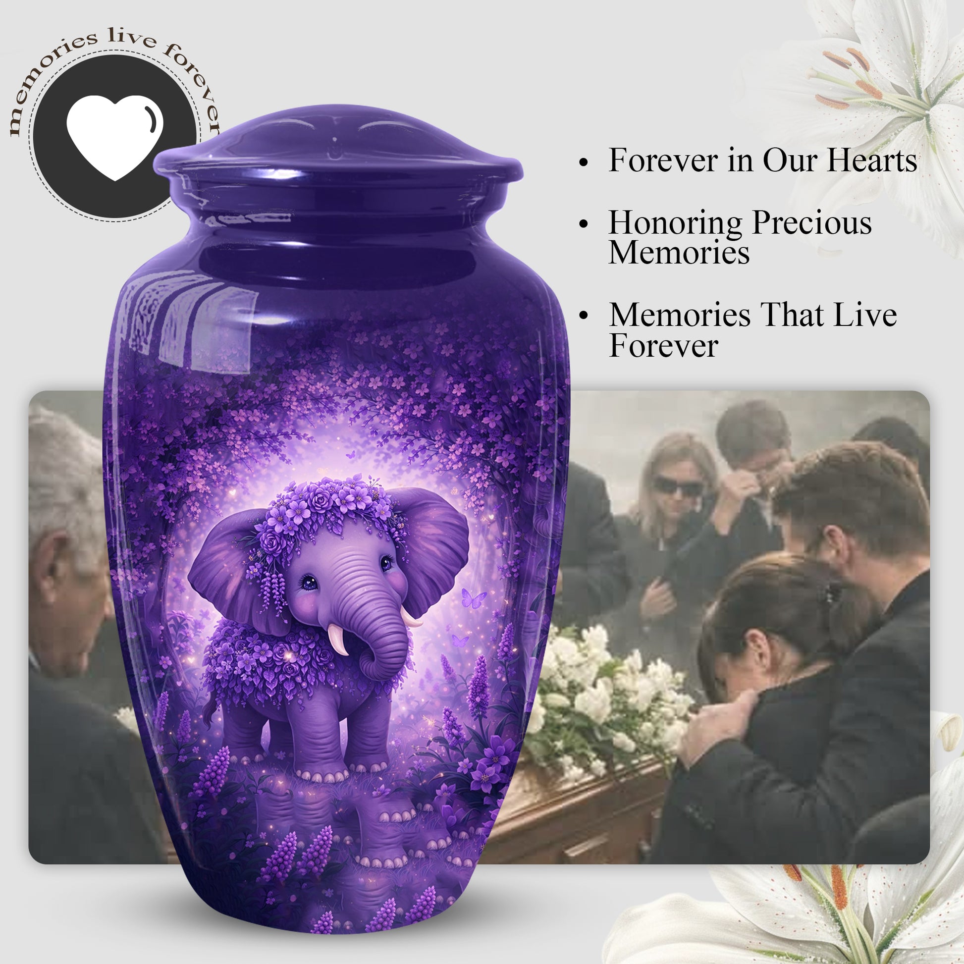 Purple Elephant Urn for Mom, Beautiful Memorial Large Urn for Mother