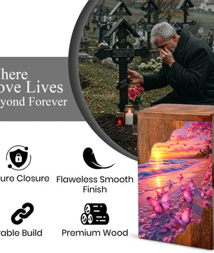 Pink Butterfly Beach Wooden Cremation Urn – Wooden Urn for Human Ashes