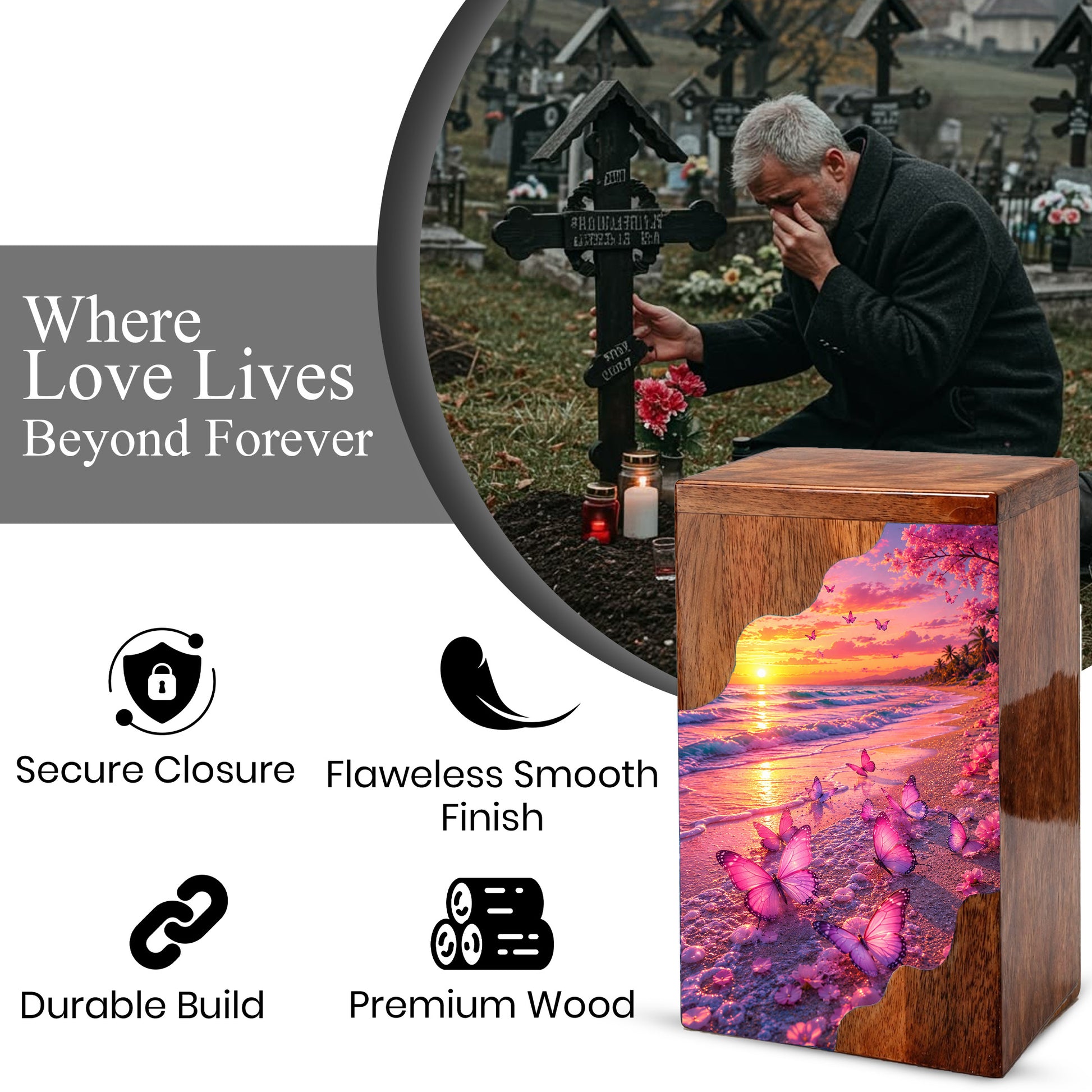 Pink Butterfly Beach Wooden Cremation Urn – Wooden Urn for Human Ashes