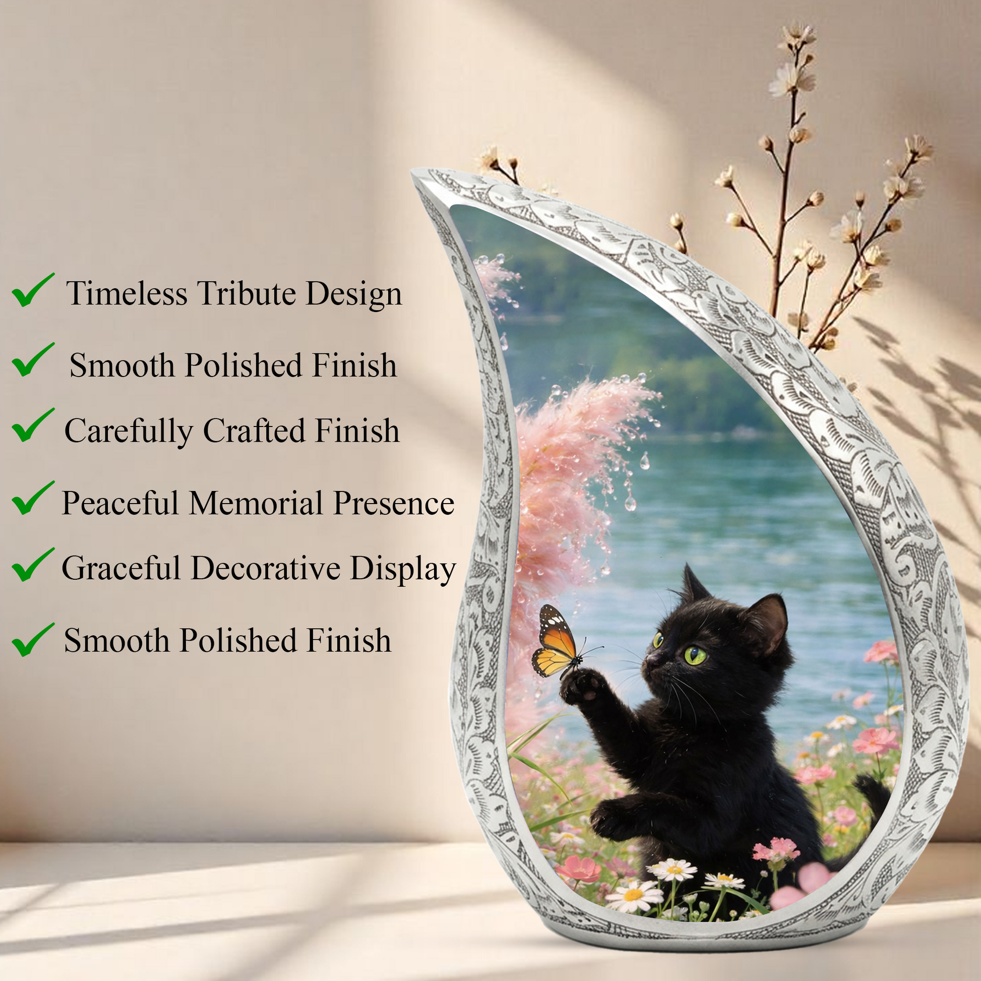 Butterfly Memorial Cat Urn - Black Cat Urn for Ashes, Custom Pet Urn for Cat