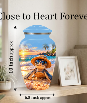 Personalized Sea Turtle Beach Aluminum Urn, Tropical Sunset Memorial Urn for Human Ashes