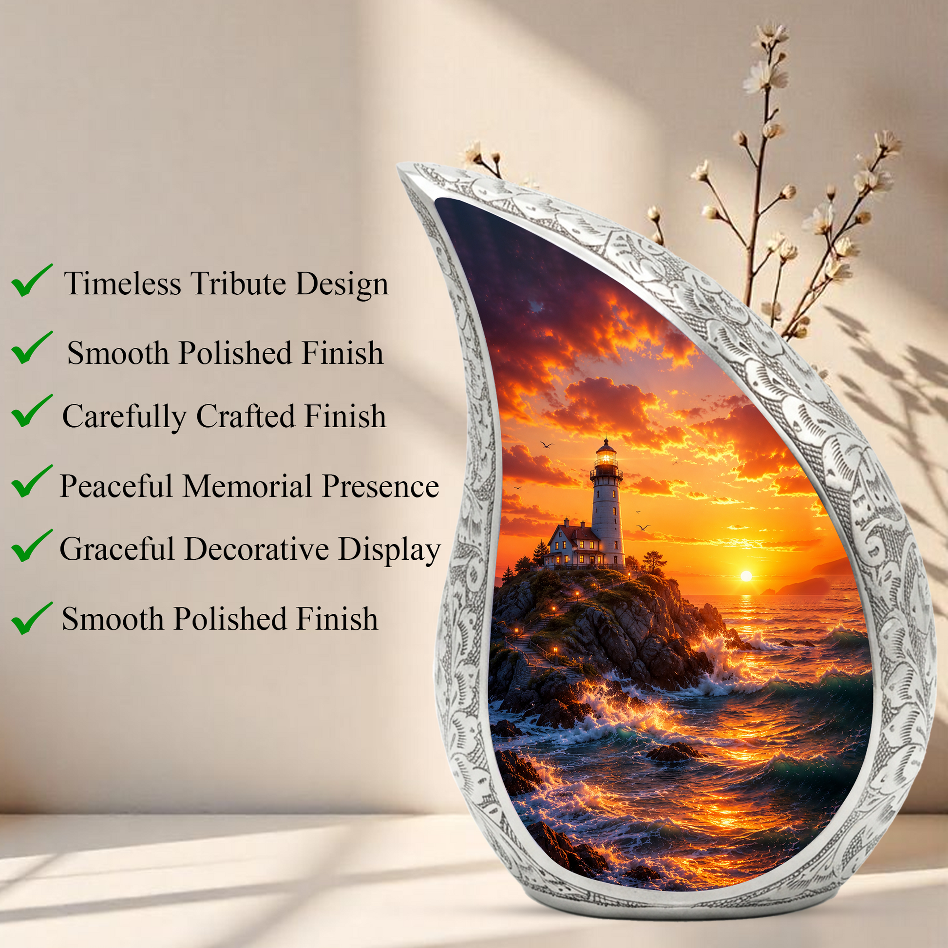 Ocean Sunset Lighthouse Cremation Urn for Human Ashes – Adult Memorial Urn for Dad, Father, Men & Loved Ones
