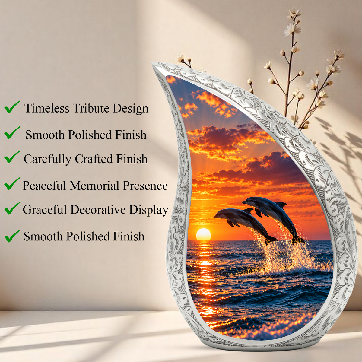 Dolphin Cremation Urn for Ashes, Ocean Memorial Urn, Dolphin Adult Urn, Beach Sunset Cremation Urn