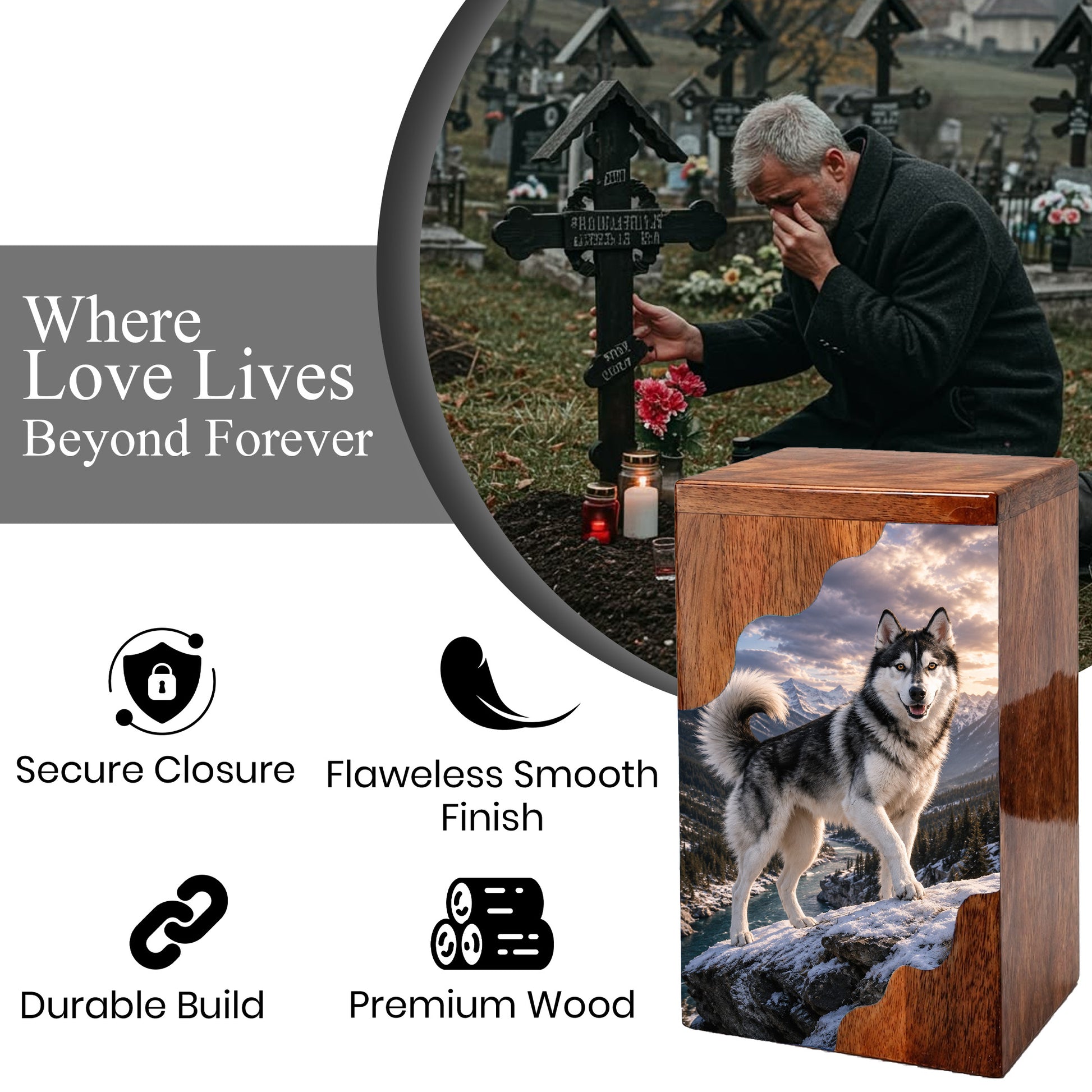 Husky Wooden Cremation Urn – Mountain Memorial Urn