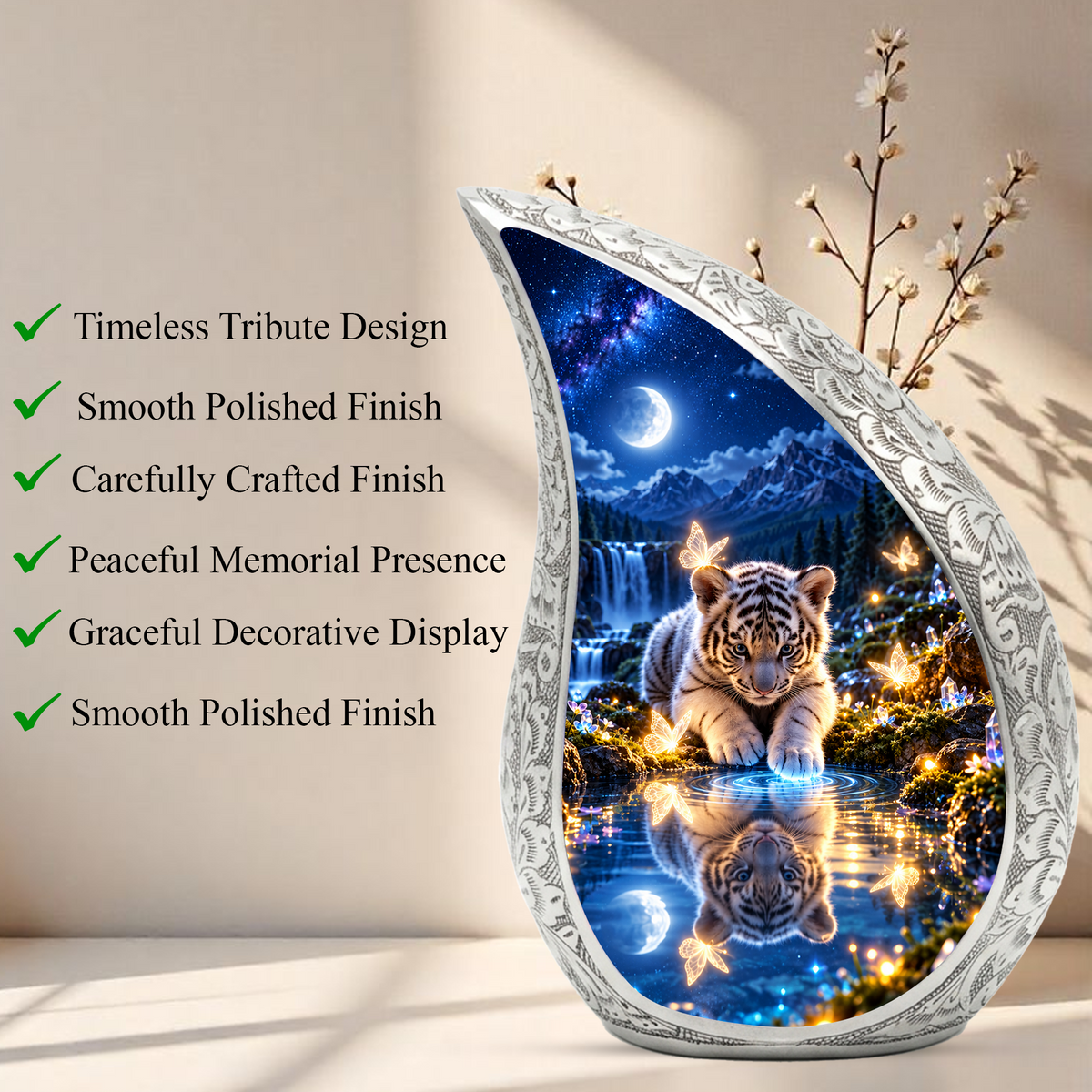 Tiger Cub Urn for Ashes, keepsake White Tiger Cremation Urn