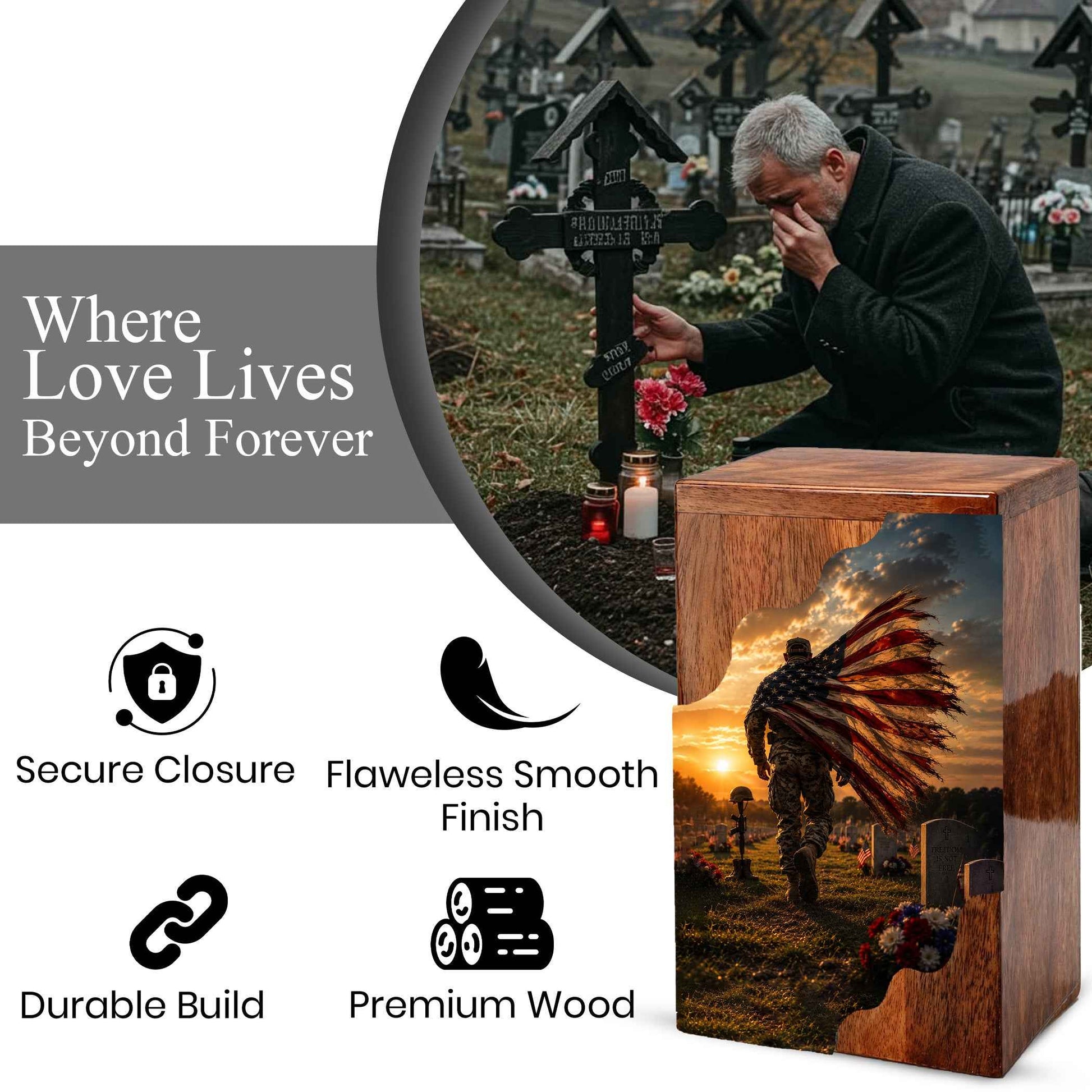 Military Wooden Cremation Urn for Veteran | American Flag Memorial Urn for Dad