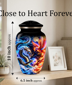 Blue Dragon and Phoenix Cremation Urn for Adult Ashes, Fantasy Bird Memorial Urn