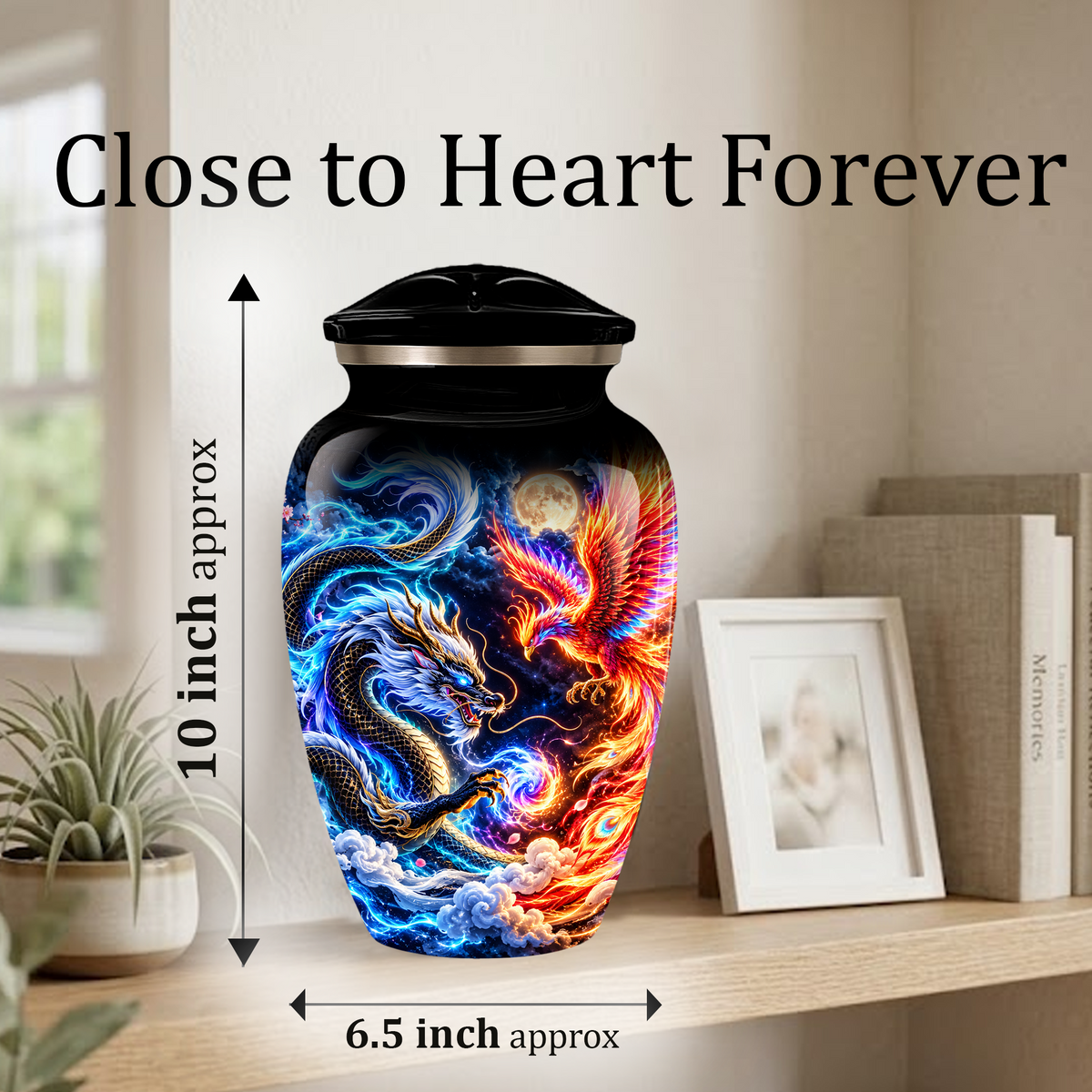 Blue Dragon and Phoenix Cremation Urn for Adult Ashes, Fantasy Bird Memorial Urn