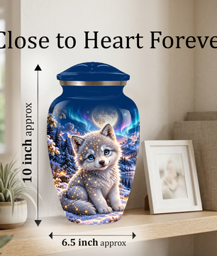 Celestial White Wolf Cremation Urn for Adult Ashes – Magical Winter Memorial Urn