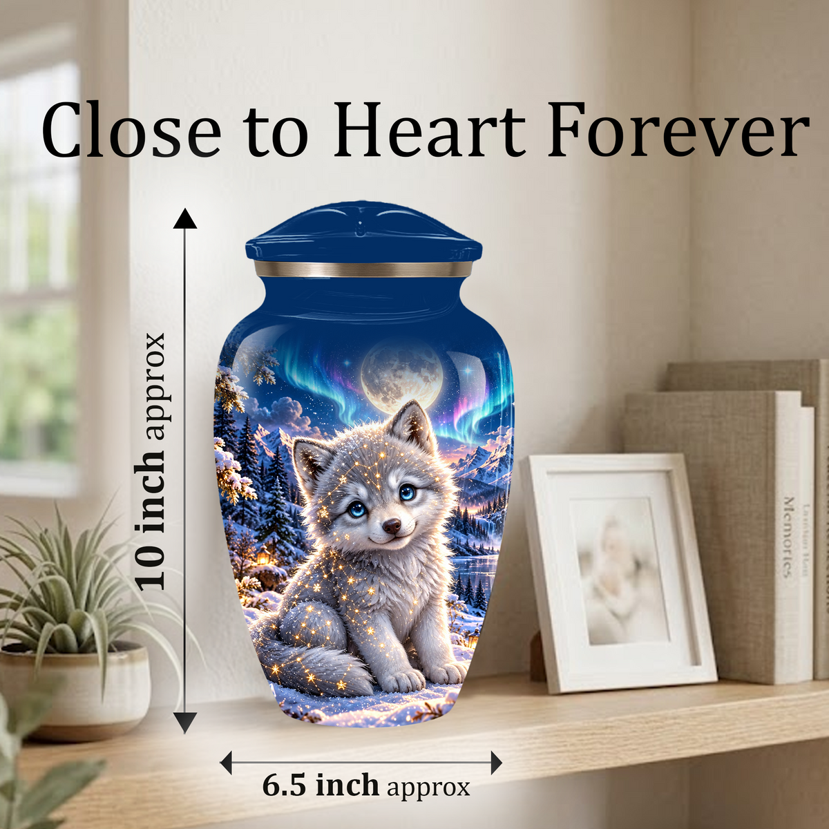 Celestial White Wolf Cremation Urn for Adult Ashes – Magical Winter Memorial Urn