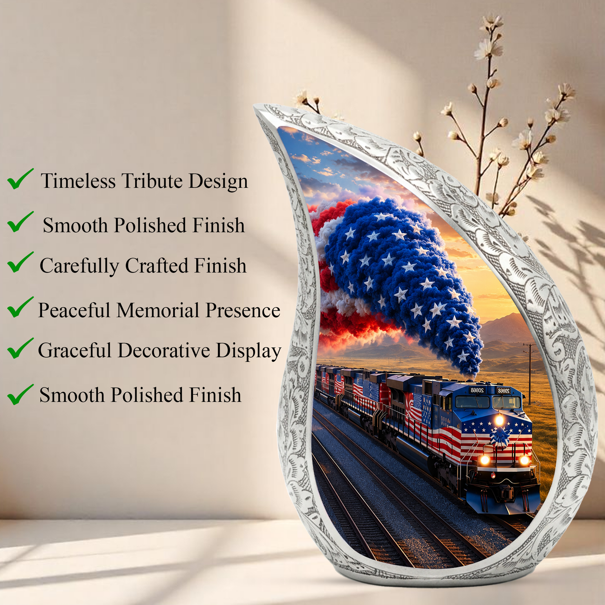 Patriotic American Flag Train Cremation Urn for Adult Ashes
