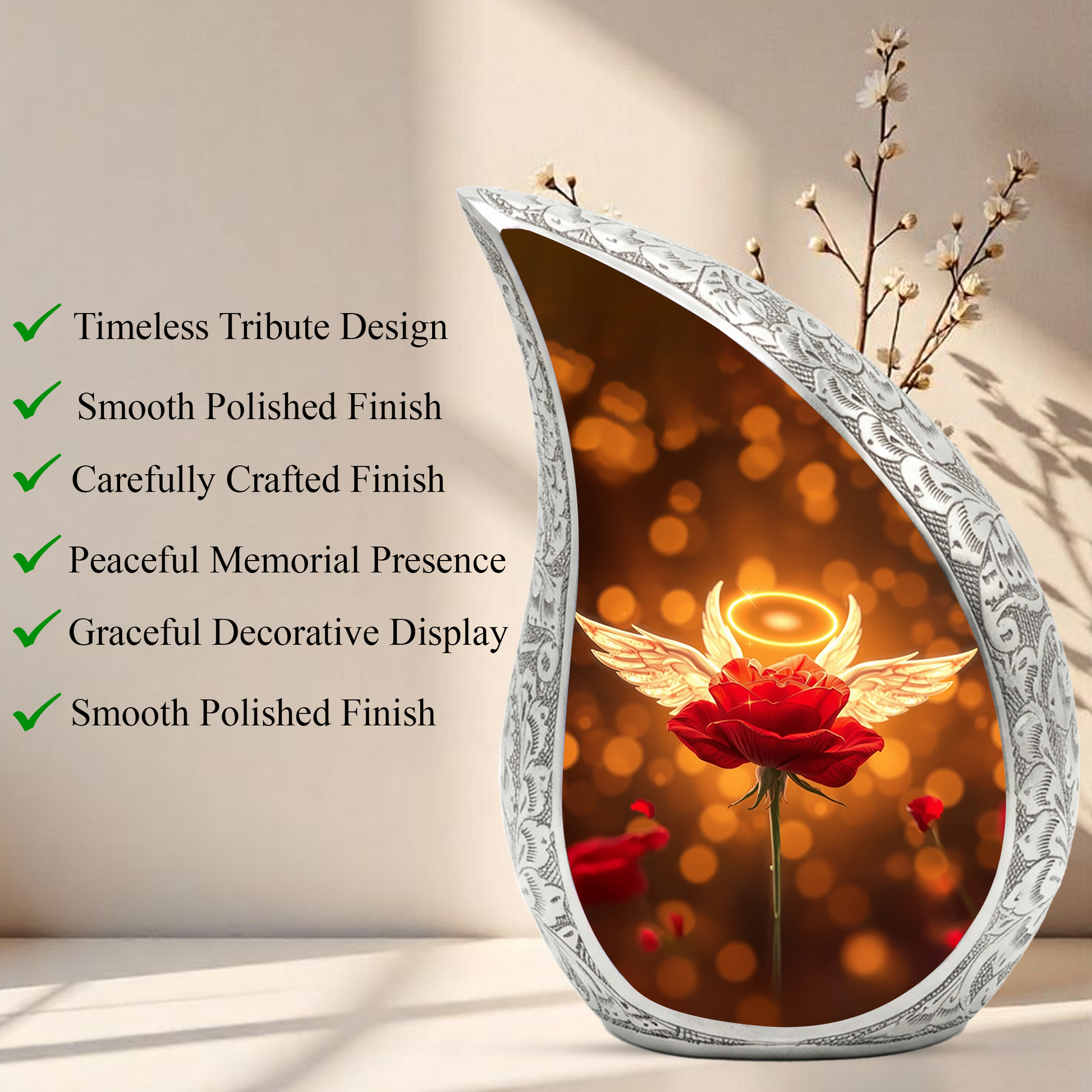 Angel Rose Personalized Cremation Urn – Teardrop Memorial Urn for Ashes | 10 Inch Aluminum Urn
