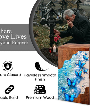 Blue Butterfly Beach Wooden Cremation Urn – Personalized Memorial Urn for Human Ashes