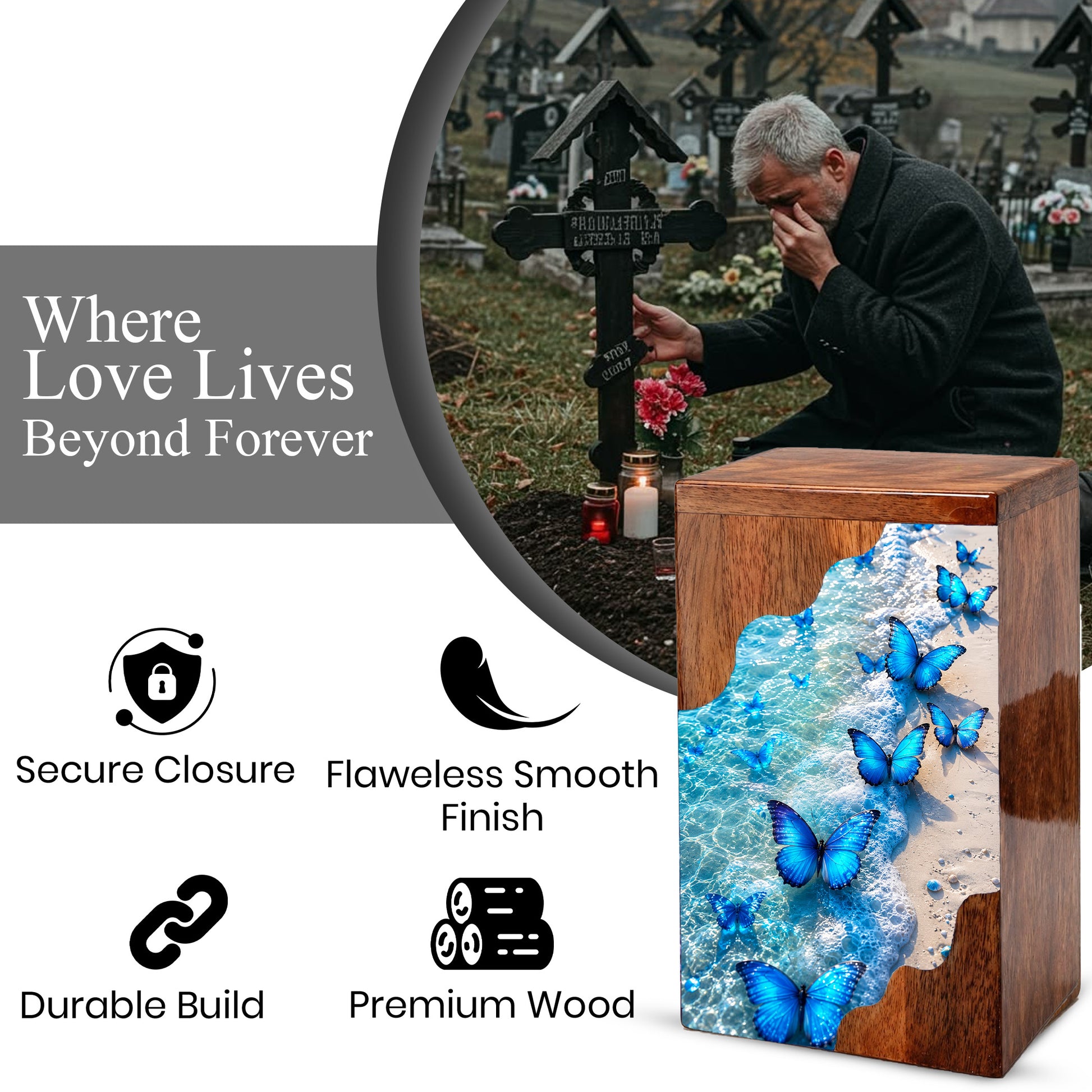 Blue Butterfly Beach Wooden Cremation Urn – Personalized Memorial Urn for Human Ashes
