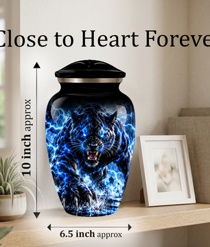 Black Panther Cremation Urn for Ashes, Blue Lightning Big Cat Urn for Human Ashes