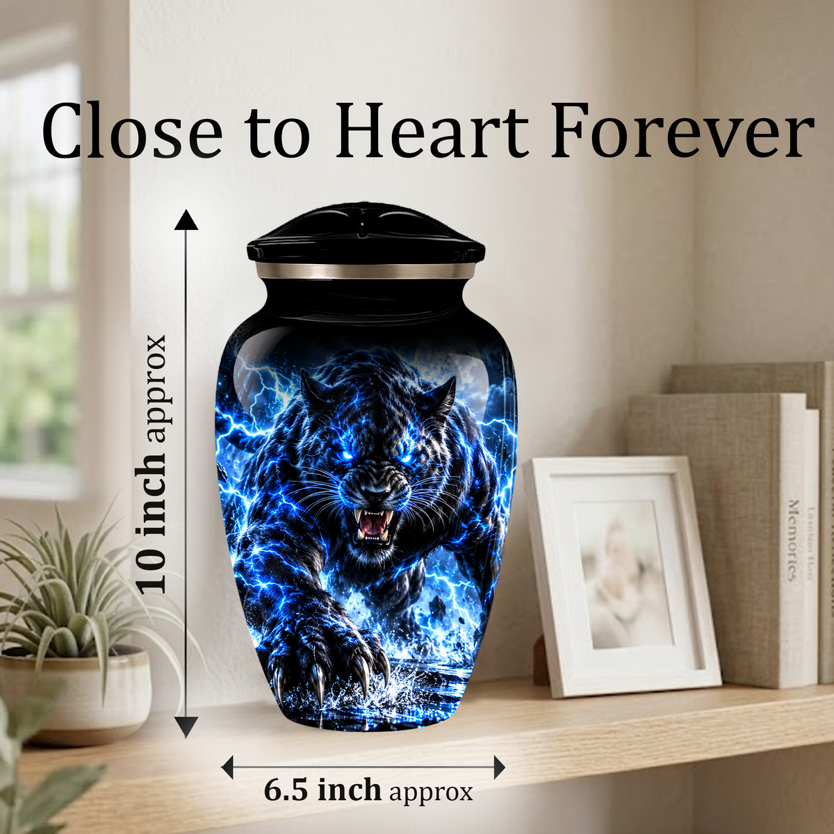 Black Panther Cremation Urn for Ashes, Blue Lightning Big Cat Urn for Human Ashes