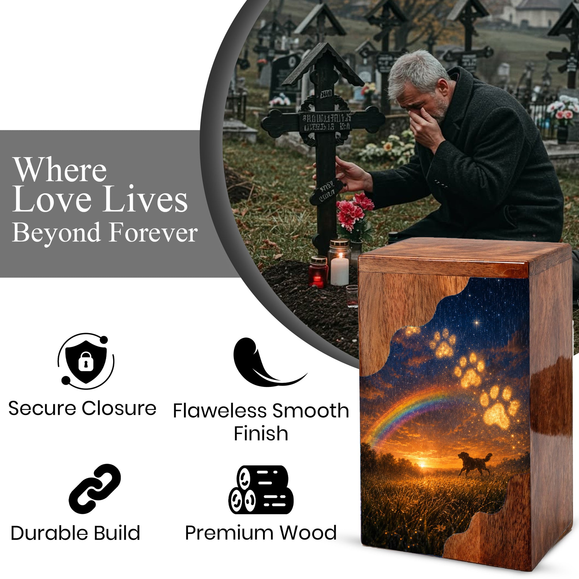Personalized Dog Urn for Ashes, Wooden Cremation Urn, Rainbow Bridge Pet Memorial