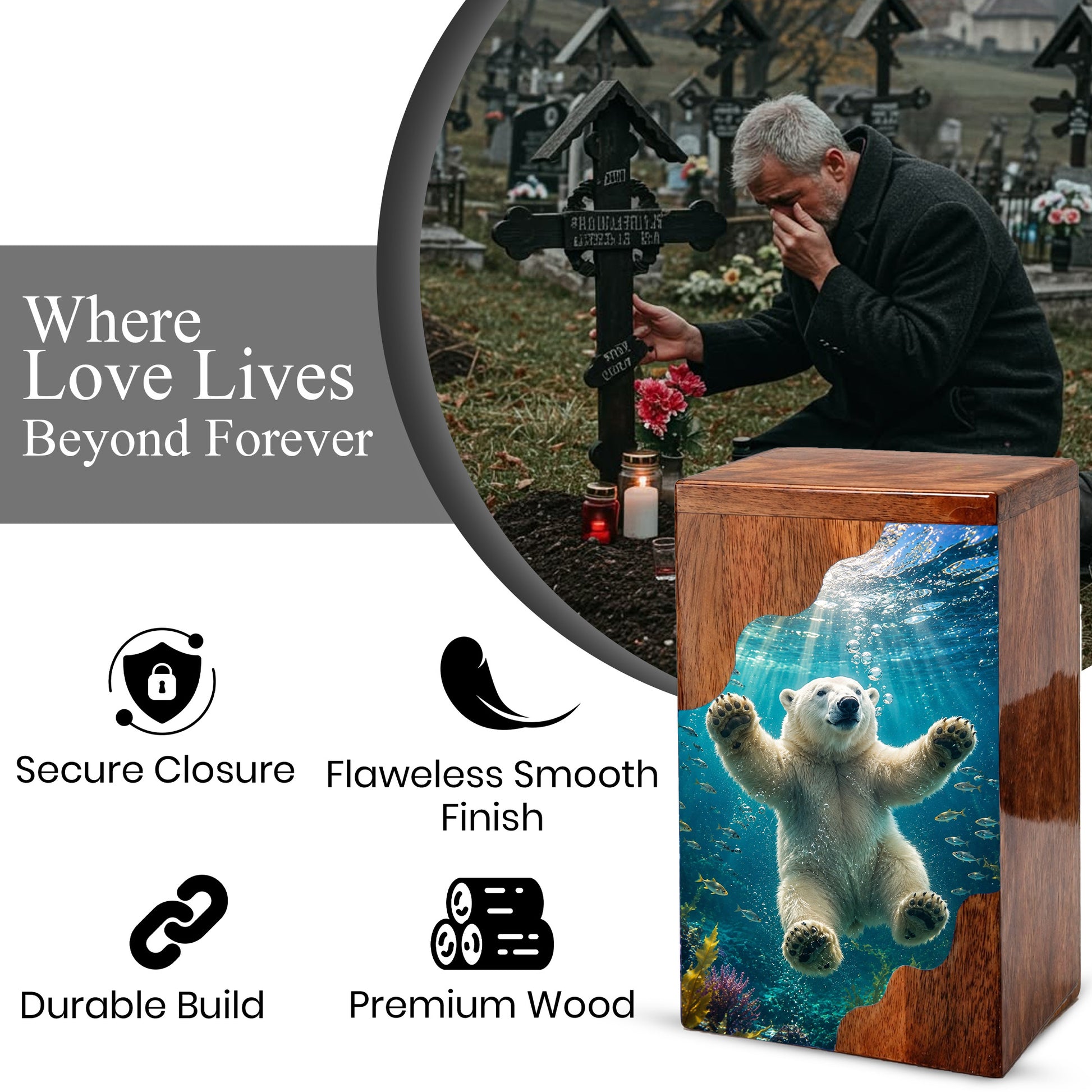 Polar Bear Wooden Cremation Urn – Ocean Memorial Urn for Human Ashes