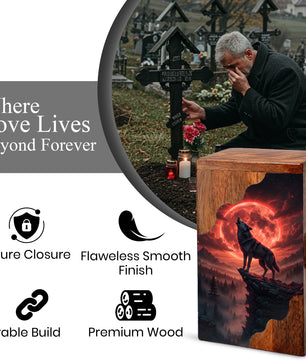 Wooden Cremation Urn – Red Moon Wolf Memorial Urn | Custom Wooden Memorial Urn for Dad