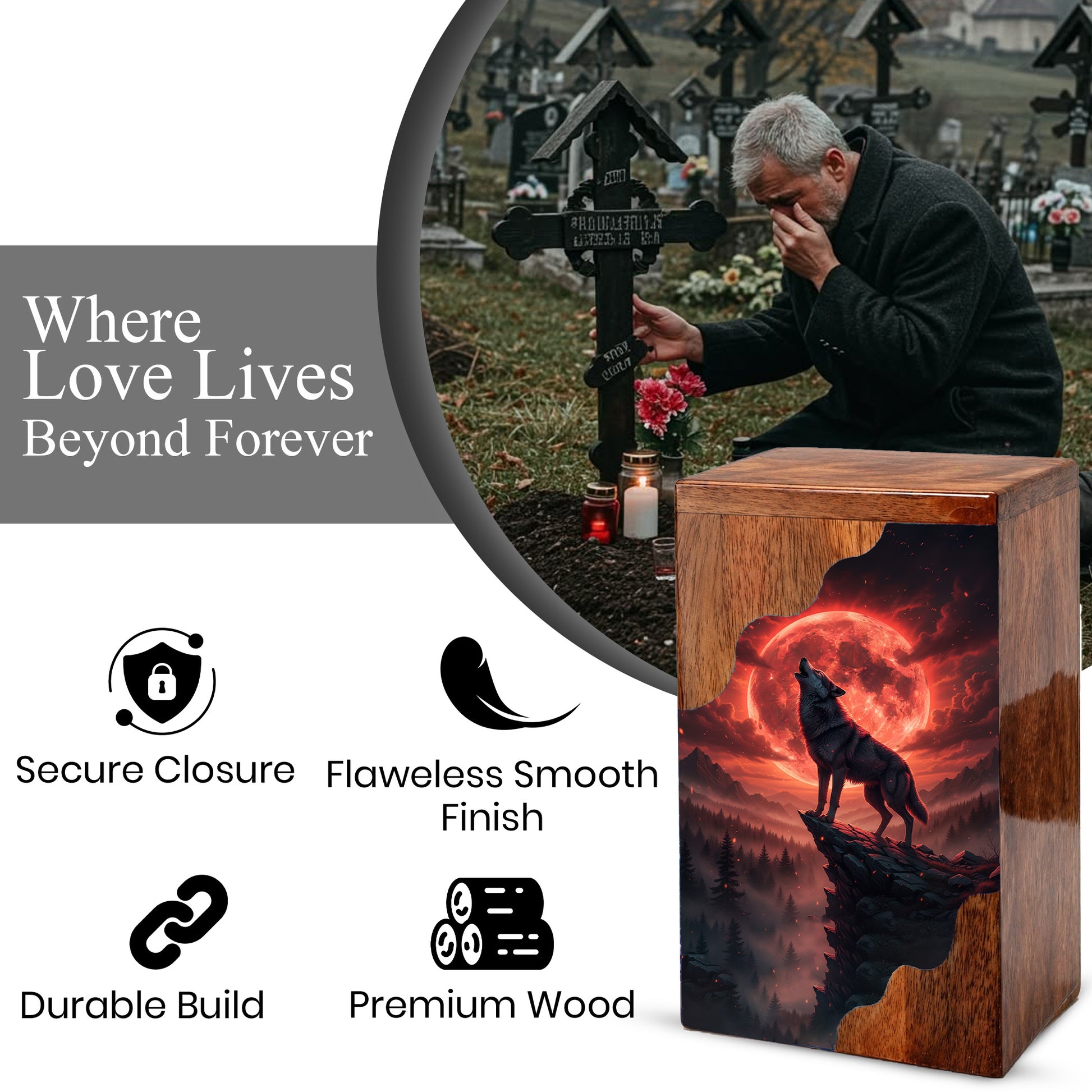 Wooden Cremation Urn – Red Moon Wolf Memorial Urn | Custom Wooden Memorial Urn for Dad