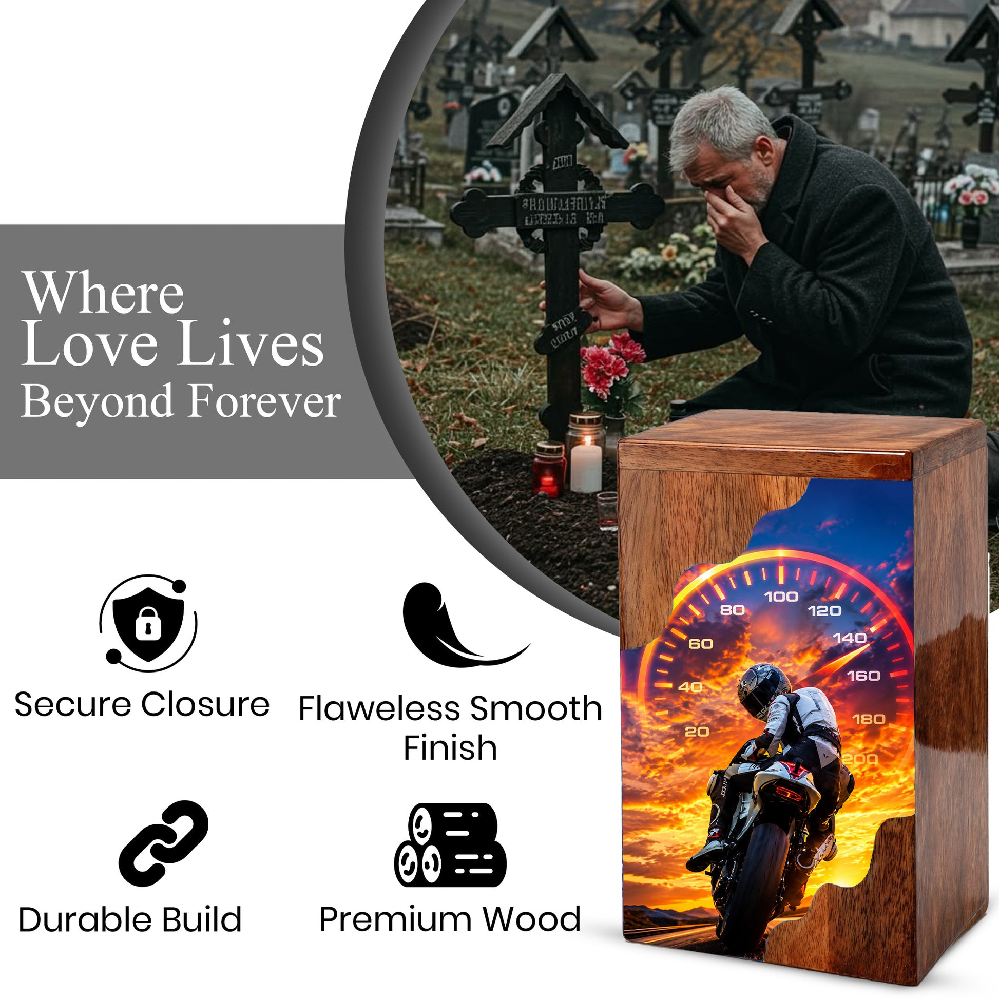 Motorcycle Wooden Cremation Urn – Rider Memorial Urn for Human Ashes