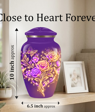 Purple Rose & Butterfly Cremation Urn for Ashes | Personalized Floral Memorial Urn | Handmade Adult Urn for Human Ashes