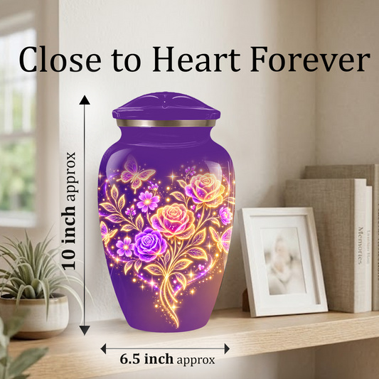 Purple Rose & Butterfly Cremation Urn for Ashes | Personalized Floral Memorial Urn | Handmade Adult Urn for Human Ashes