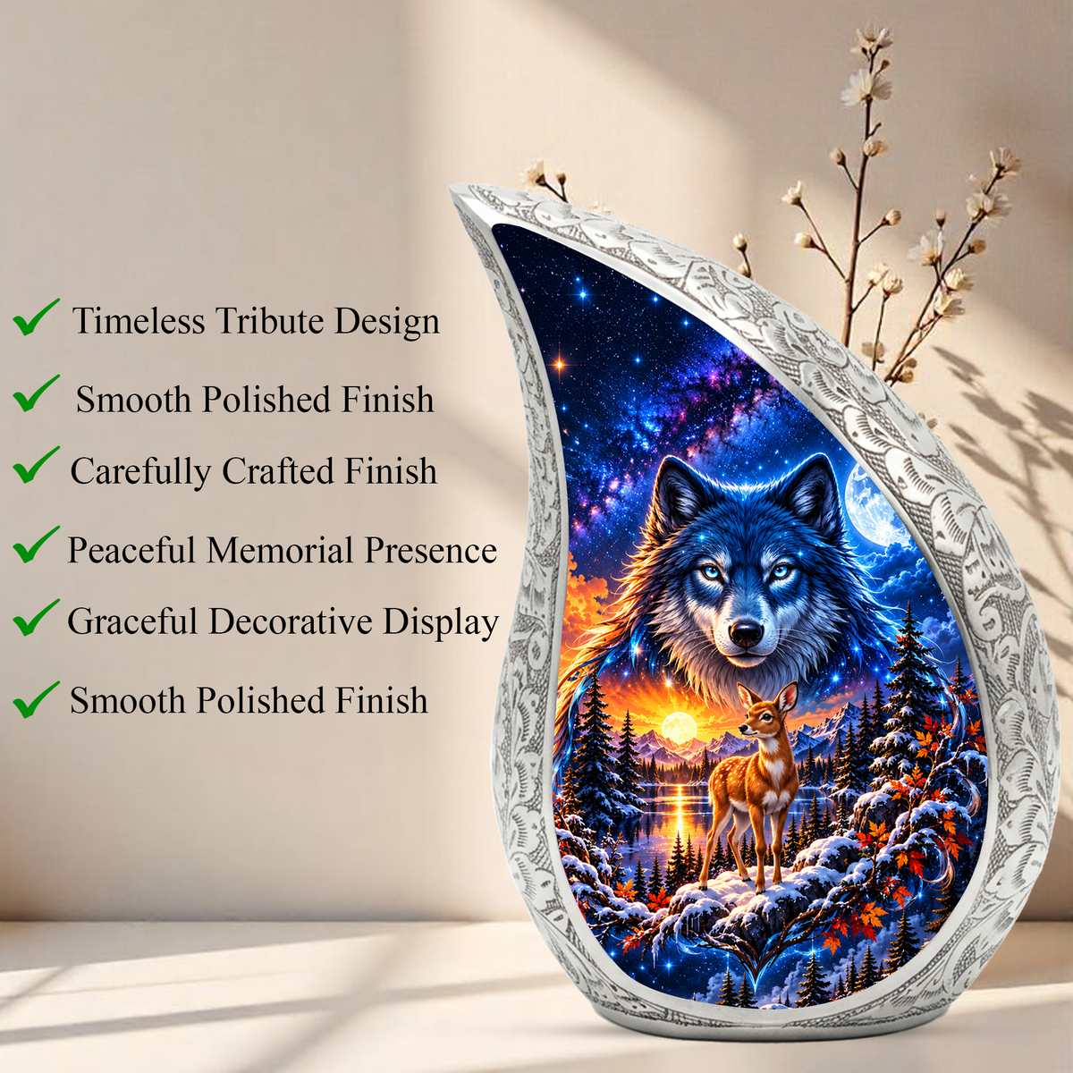 Wolf and Deer Cremation Urn for Ashes, Wildlife Adult Memorial Urn