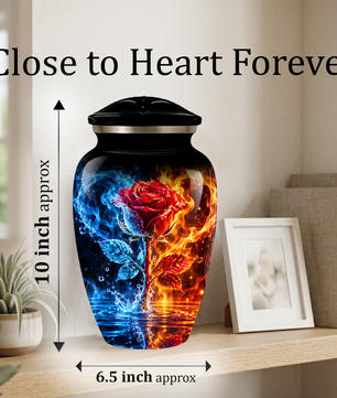 Red Rose Cremation Urn for Adult Ashes – Blue and Orange Flame Memorial Urn