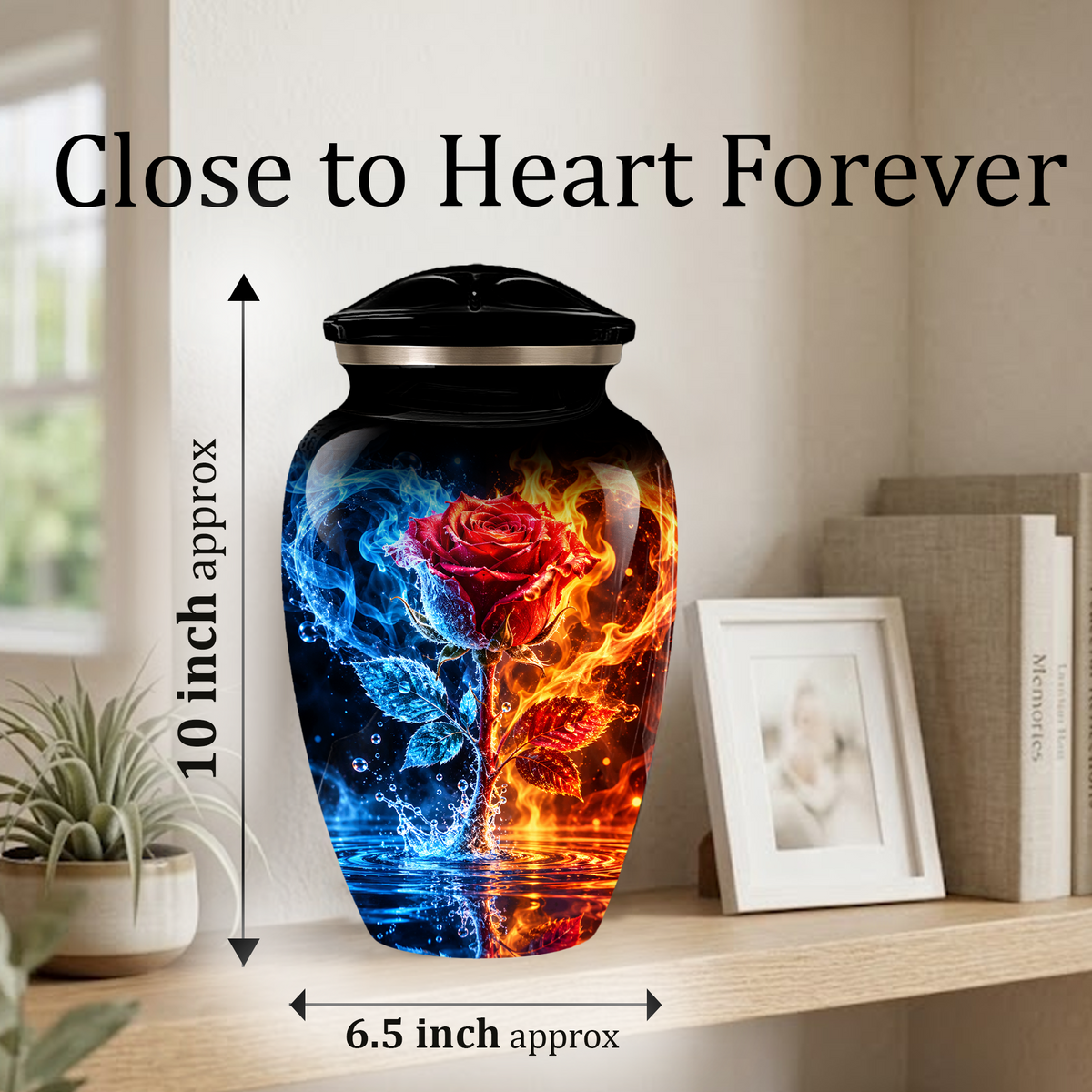 Red Rose Cremation Urn for Adult Ashes – Blue and Orange Flame Memorial Urn