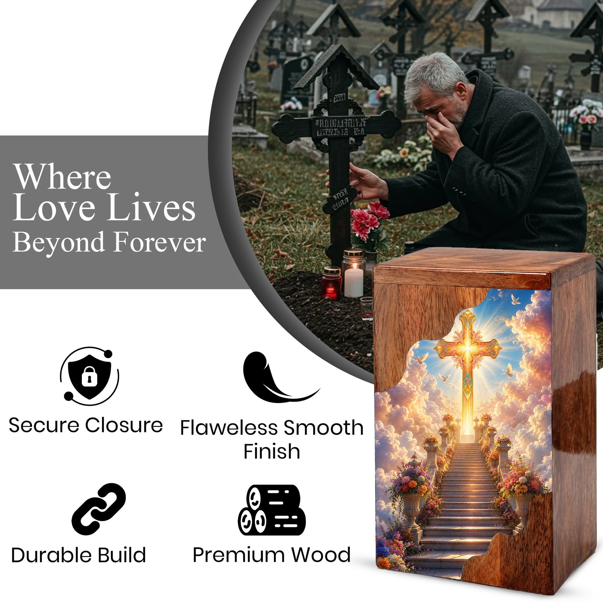 Christian Cross Wooden Cremation Urn – Wooden Urn for Human Ashes