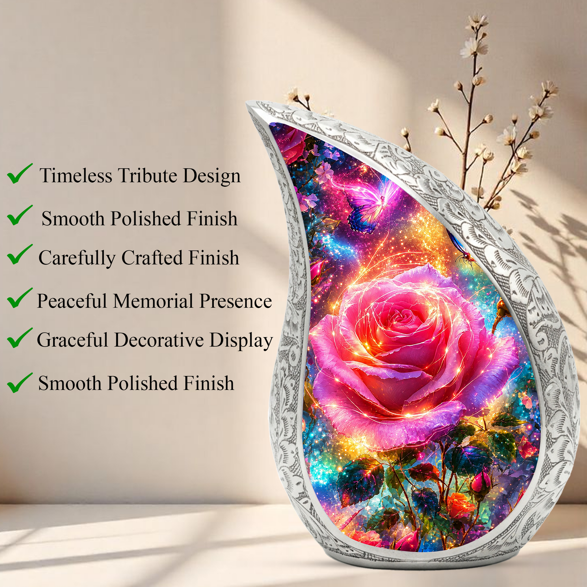 Pink Rose Urn for Mom & Women | Beautiful Floral Cremation Urn for Female Ashes | Mother, Sister & Daughter Memorial