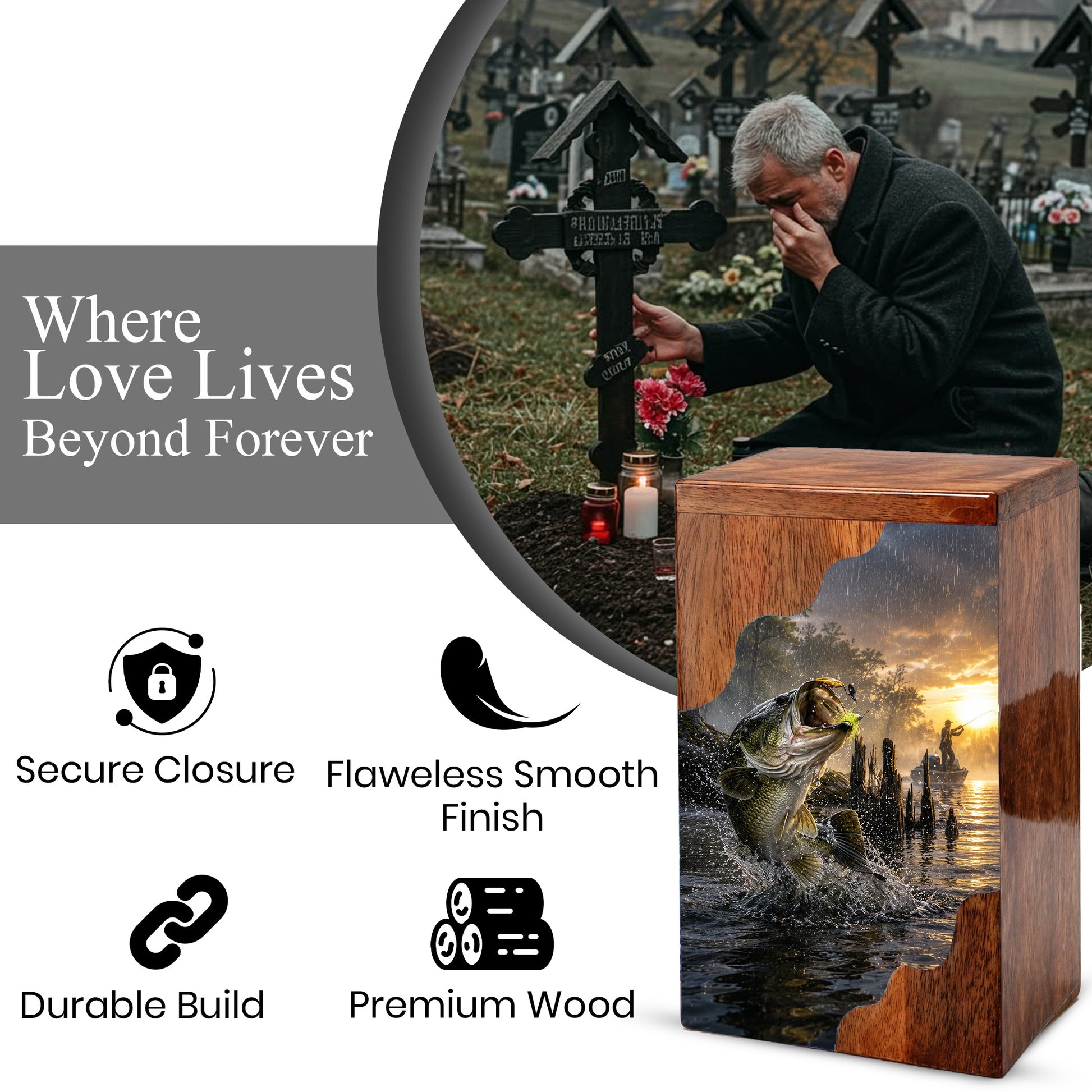 Fishing Cremation Urn – Wooden Urn for Human Ashes | Gone Fishing Memorial Urn