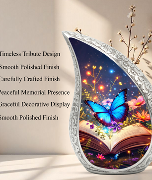 Butterfly Personalized Cremation Urn – Teardrop Style Aluminum Memorial Urn, 10 Inch
