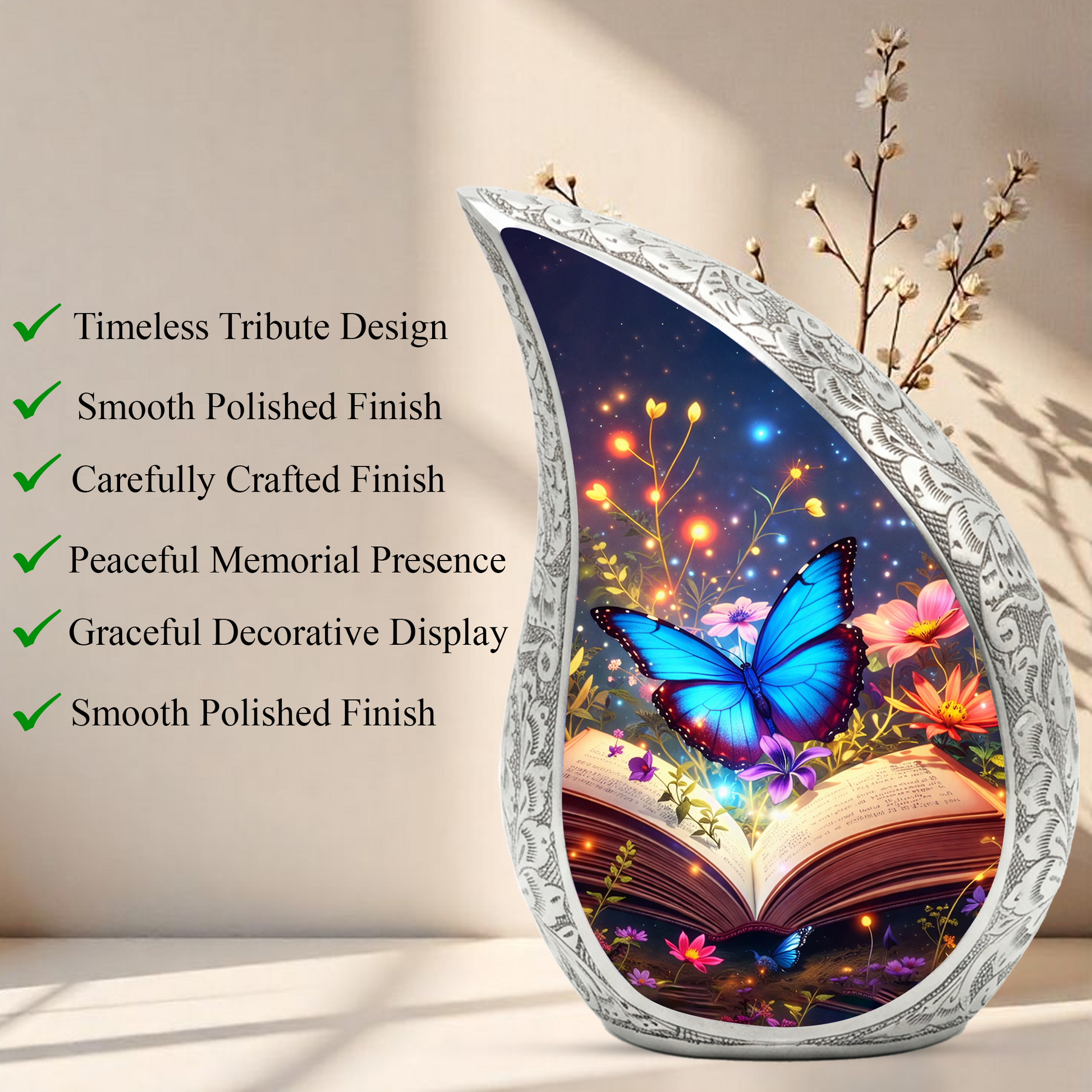 Butterfly Personalized Cremation Urn – Teardrop Style Aluminum Memorial Urn, 10 Inch