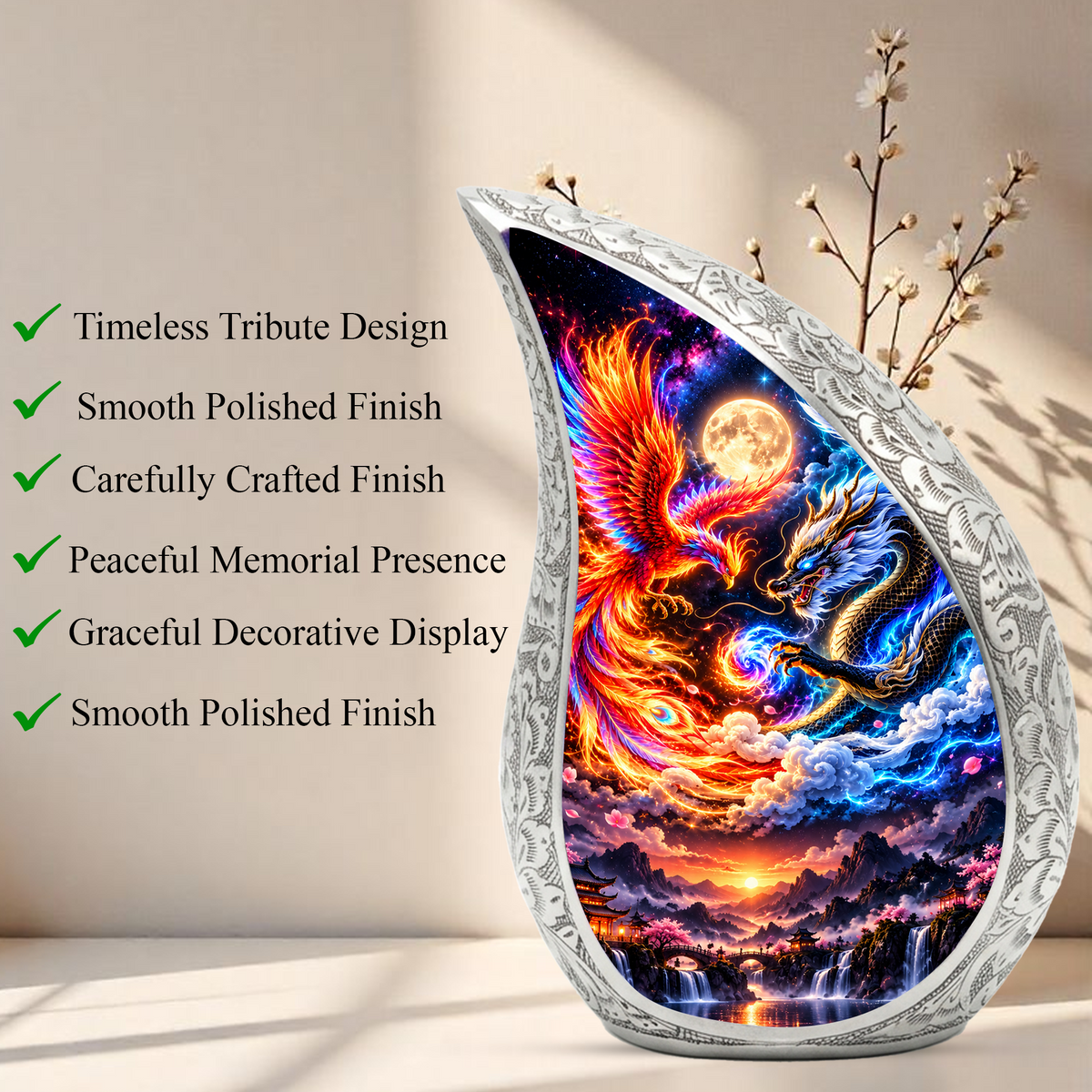 Dragon and Phoenix Cremation Urn for Ashes, Mythical Bird Adult Memorial Urn