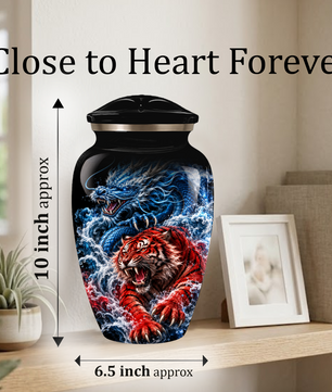 Personalized Adult Cremation Urn for Ashes, Custom Dragon and Tiger Memorial Urn, Blue Dragon Red Tiger Artwork