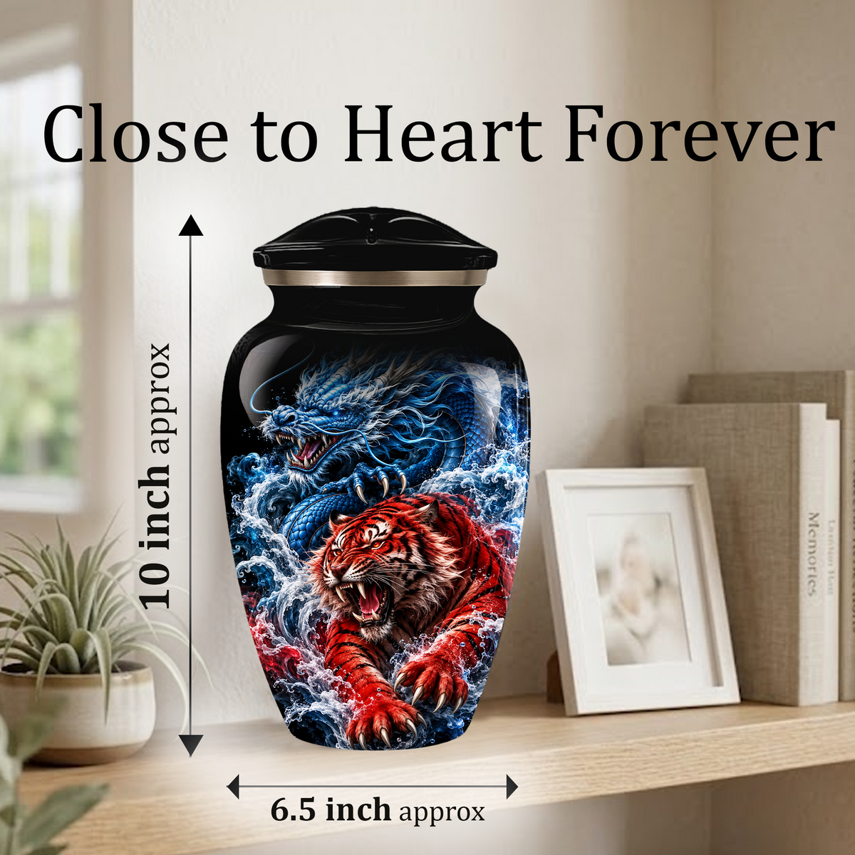 Personalized Adult Cremation Urn for Ashes, Custom Dragon and Tiger Memorial Urn, Blue Dragon Red Tiger Artwork