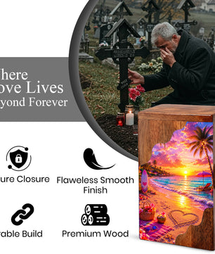 Beach Wooden Cremation Urn – Tropical Sunset Memorial Urn | Wooden Urn for Human Ashes