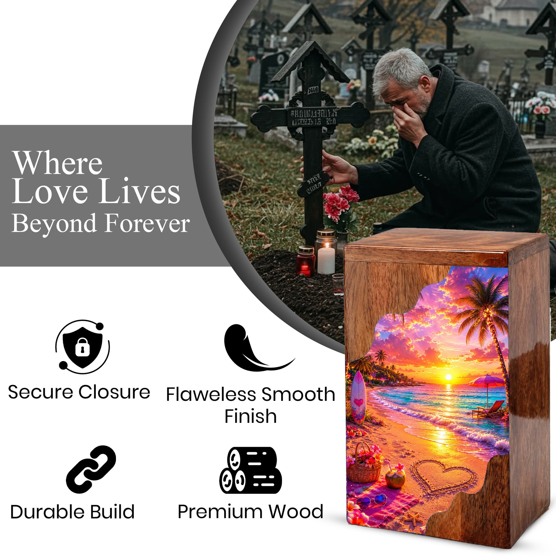 Beach Wooden Cremation Urn – Tropical Sunset Memorial Urn | Wooden Urn for Human Ashes