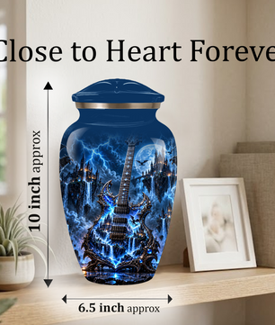 Gothic Electric Guitar Cremation Urn for Ashes, Blue Fantasy Musician Urn, Custom Guitar Urn