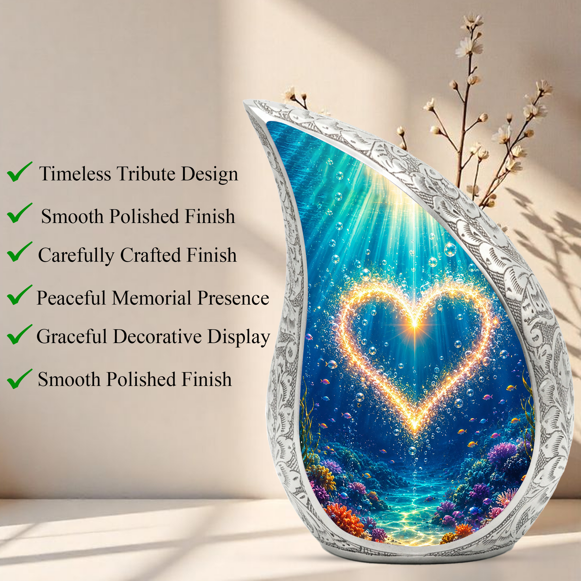 Ocean Heart Memorial Urn for Mom – Personalized Cremation Urn for Human Ashes | Underwater Heart Keepsake Urn for Women