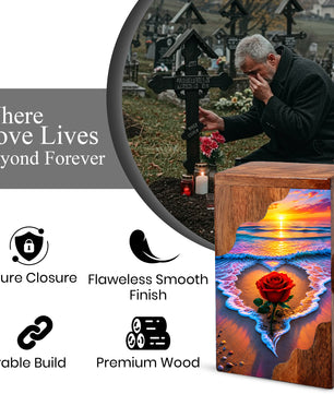 Rose Beach Wooden Cremation Urn – Sunset Ocean Memorial Urn for Human Ashes