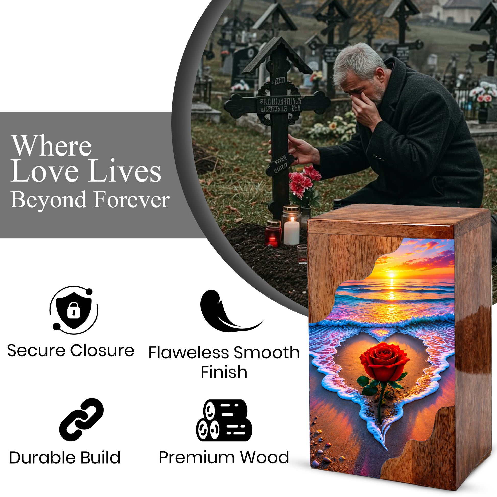 Rose Beach Wooden Cremation Urn – Sunset Ocean Memorial Urn for Human Ashes
