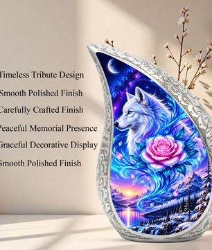 Wolf Adult Cremation Urn for Human Ashes, White Wolf and Pink Rose Memorial Urn