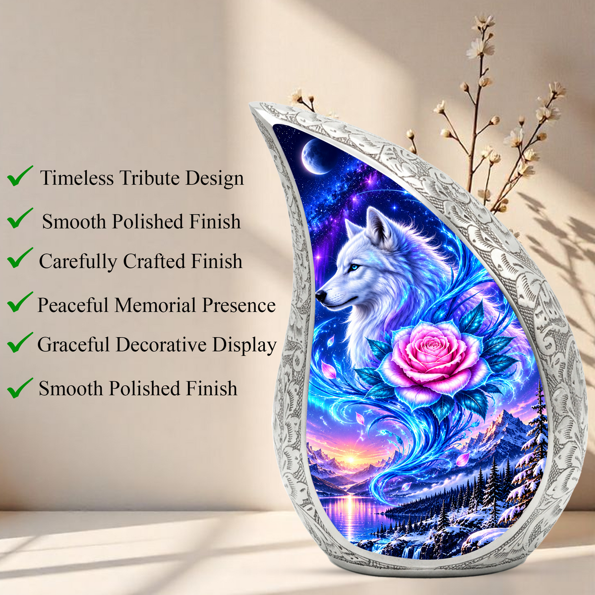 Wolf Adult Cremation Urn for Human Ashes, White Wolf and Pink Rose Memorial Urn